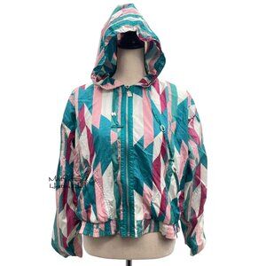 Vintage 80's Hooded Windbreaker with Abstract Pink & Teal Geometric Pattern